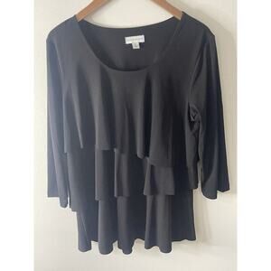 Susan Graver Tiered Shirt Womens Size M Liquid Knit Black Lagenlook Blouse Top